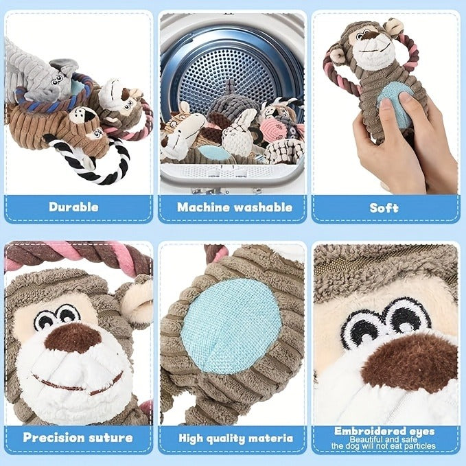 Squeaky Plush Rope Dog Toy Set with Animal Print for Aggressive Chewers - 6 8 or 10 Pack Interactive Tug-of-War Chew Toys for All Dog Breeds No Batteries Required