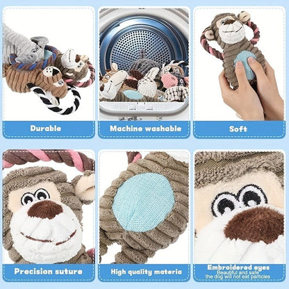 Squeaky Plush Rope Dog Toy Set with Animal Print for Aggressive Chewers - 6 8 or 10 Pack Interactive Tug-of-War Chew Toys for All Dog Breeds No Batteries Required