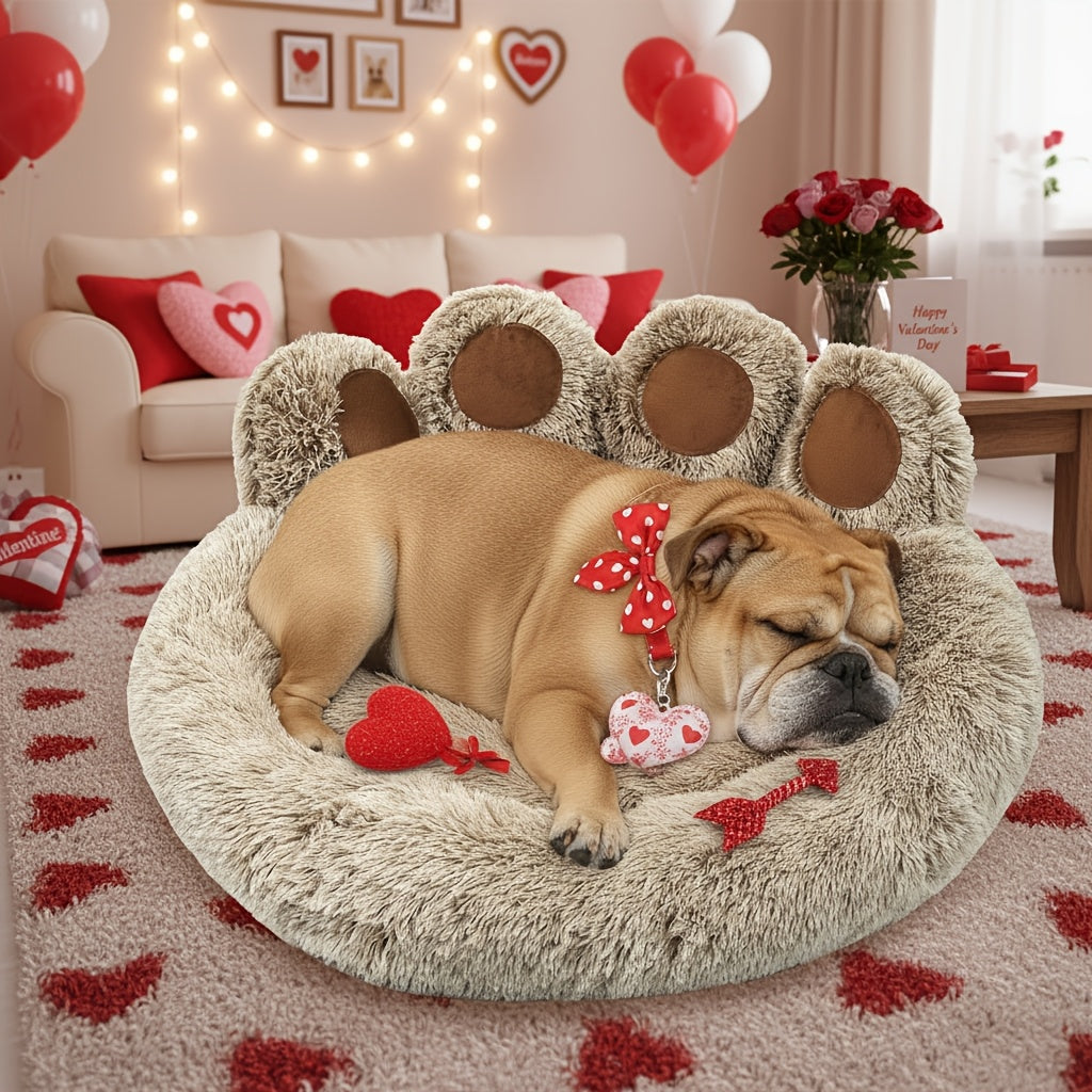 Dog Bed Cat Bed Bear Paw Shaped Donut – Calming Round Plush Pet Mattress, Warm & Soft Cuddler Bed for Dogs and Cats, Includes Pet Scarf, Sizes S to 2XL, Colors: Coffee, Pink, Grey, Brown