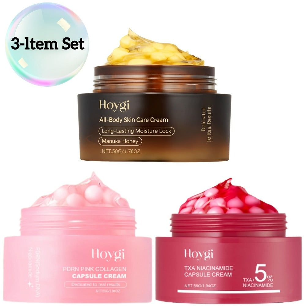 PDRN Collagen Capsule Cream Set 3pcs Vitamin C Niacinamide Advanced Capsule Technology Deep Moisturizing Day Night Face Cream — Brightening Firming Pore Minimizing Skincare Gift for Women