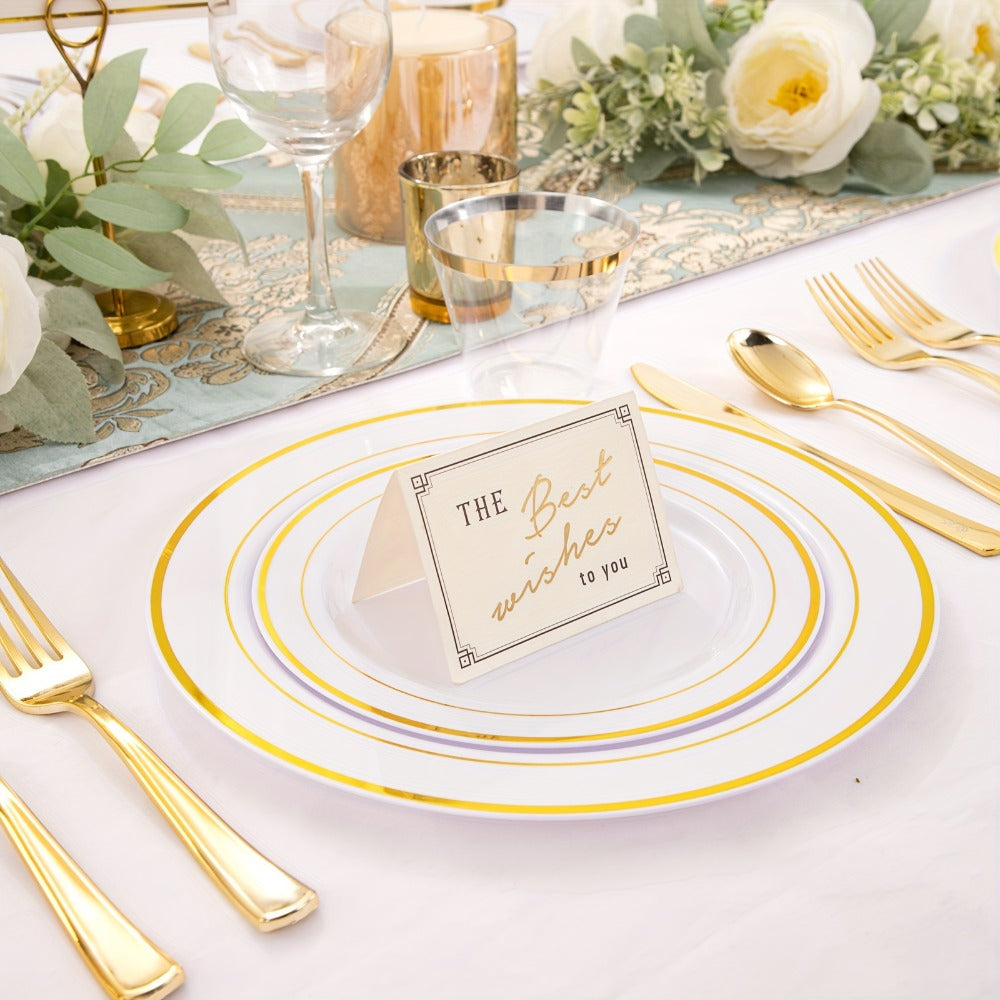 Gold Plastic Plates Disposable Dinnerware Set 350pcs – 50 Dinner Plates, 50 Dessert Plates, 50 Gold Rim 9oz Cups & 50 Gold Cutlery Sets | Elegant Party Tableware for Wedding, Birthday & Holiday Events
