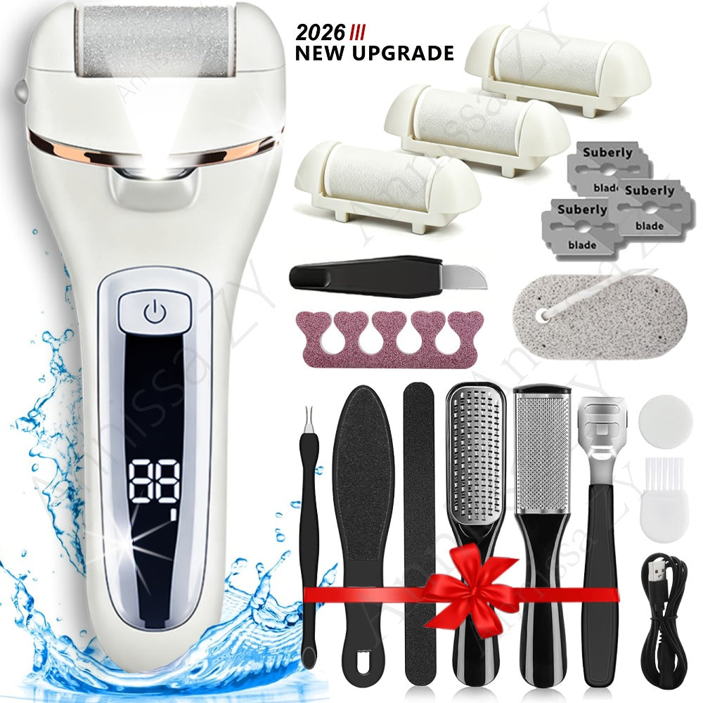 Electric Foot File 14-in-1 Rechargeable Pedicure Kit 3 Roller Heads Dead Skin Callus Remover Portable Foot Scrubber Professional Foot Care Tool for Women Men Black White Silver