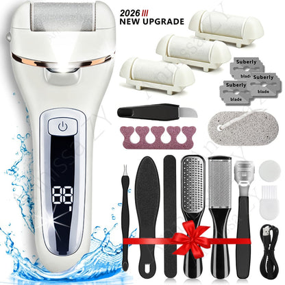 Electric Foot File 14-in-1 Rechargeable Pedicure Kit 3 Roller Heads Dead Skin Callus Remover Portable Foot Scrubber Professional Foot Care Tool for Women Men Black White Silver