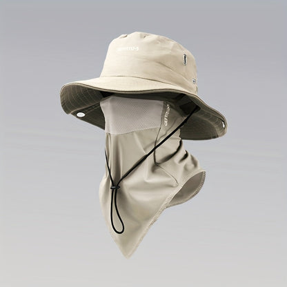 Wide Brim Sun Hat with Face Mask 2-Set UV Protection Foldable Fishing Hat, Breathable Drawstring Outdoor Cap for Beach, Fishing, Hiking & Outdoor Work, Unisex Men & Women, Black Gray Khaki