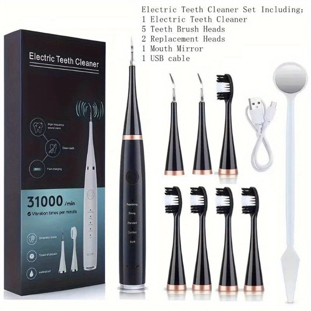 Electric Teeth Cleaner Kit USB Rechargeable – 5 Cleaning Modes Dental Scaler Plaque Tartar Remover Gum Health Tool for Adults Family Holiday Gift Set Black White Green