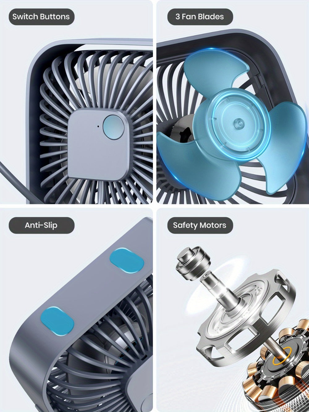USB Desk Fan Portable, Small Personal Fan 3 Speed Settings 360° Rotation Silent Operation, Compact Lightweight USB Powered Cooling Fan for Home Office Dorm Bedroom Travel, Grey Blue Pink White