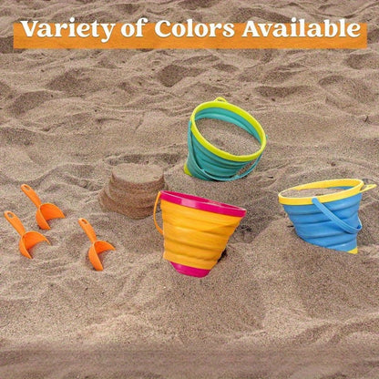 Collapsible Beach Bucket Set 3-Pack with Shovels & Mesh Backpack – Foldable Sand Pail Kit for Kids, Beach Camping Travel Fishing Outdoor Toy, Birthday Party Favor Gift (Yellow/Blue/Green or Pink/Purple/Green)