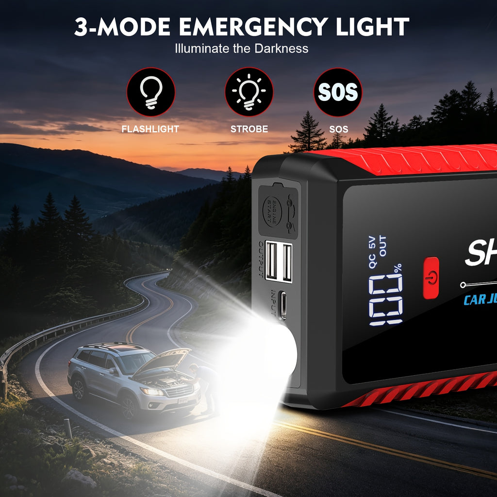 SHARMEAL 9-In-1 Portable Car Battery Jump Starter And Window Breaker Hammer with Built-In 3-Mode LED Flashlight And Heavy-Duty Jumper Cables, Ideal for Cars, Suvs, Trucks, Rvs