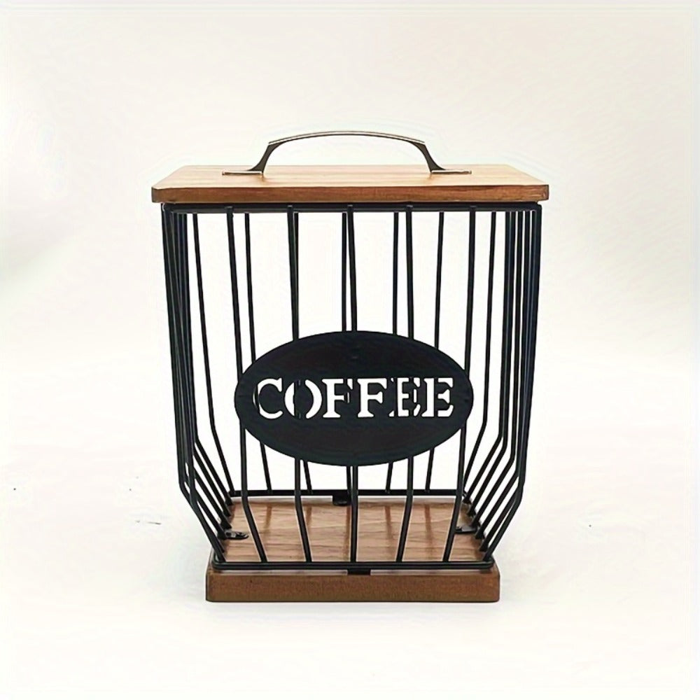 K-Cup Coffee Pod Holder Rack with Lid – Large Capacity Black Metal Square Coffee Capsule Storage Organizer with Wooden Base, Modern Coffee Bar Countertop Decoration for Coffee Beans & Capsules – Black
