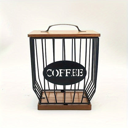 K-Cup Coffee Pod Holder Rack with Lid – Large Capacity Black Metal Square Coffee Capsule Storage Organizer with Wooden Base, Modern Coffee Bar Countertop Decoration for Coffee Beans & Capsules – Black