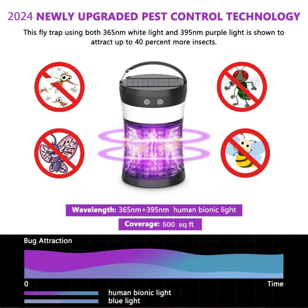 Solar Bug Zapper Electric 3-in-1 – 3000V UV 365nm Mosquito Killer Rechargeable Insect Fly Trap with White Light & Flashlight, 2100 Sq Ft Coverage for Indoor Outdoor Home Patio Backyard Camping – Black
