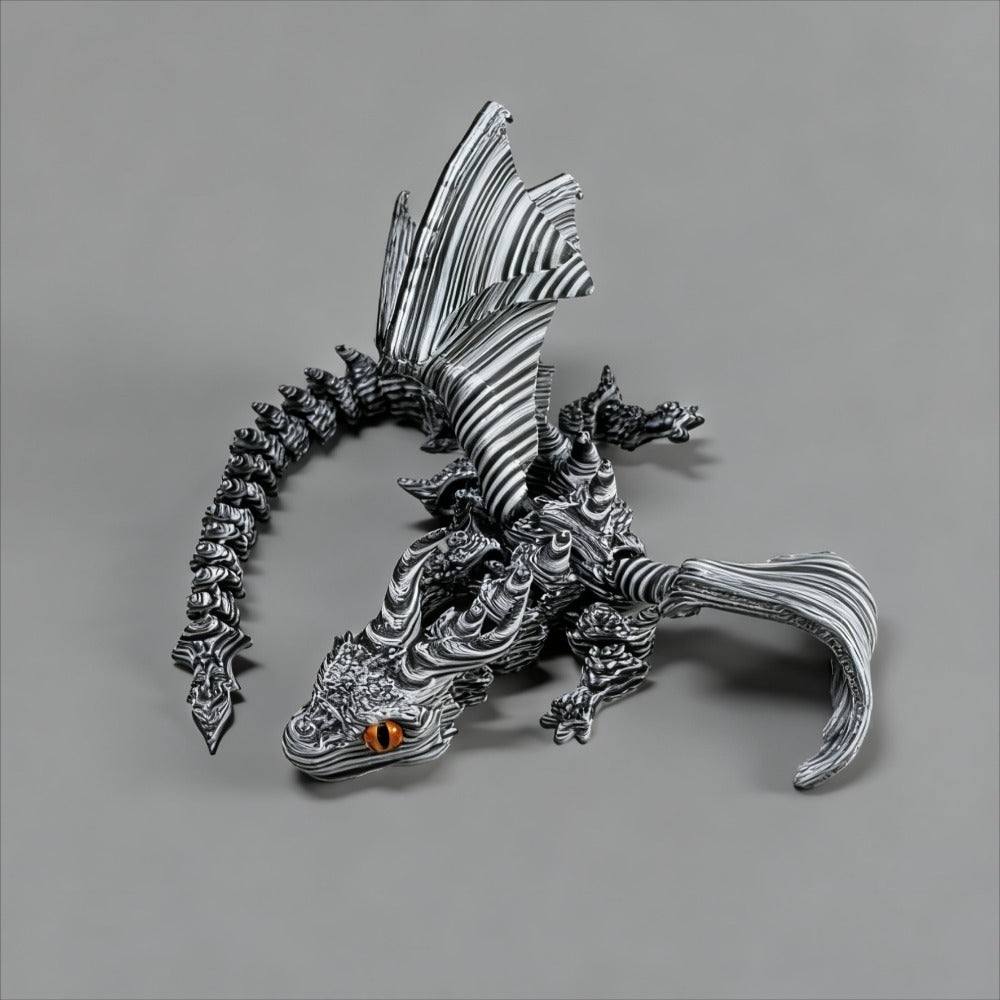 Articulated Cybernetic Dragon Statue – 3D Printed Black & White Swirl Fidget Figurine with Random Eye Color, Poseable Collectible Fantasy Art for Desktop Display, Cool Gift for Teens & Adults 14+