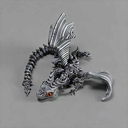 Articulated Cybernetic Dragon Statue – 3D Printed Black & White Swirl Fidget Figurine with Random Eye Color, Poseable Collectible Fantasy Art for Desktop Display, Cool Gift for Teens & Adults 14+