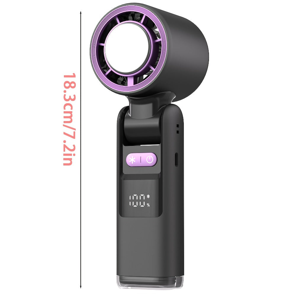 Handheld Ice Pack Fan High-Speed Semiconductor Cooling | 100-Speed Digital Display Turbo Fan with LED Light, Foldable Portable Design for Outdoor, Travel & Daily Use – Purple, Beige, Pink, Black & White