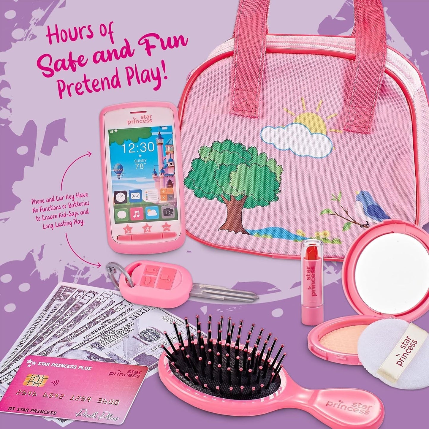 Girls Play Purse Set with Accessories 9pcs – Pretend Makeup, Toy Keys, Fake Phone & Credit Card | Toddler Dress Up Handbag Role Play Toy, Birthday & Christmas Gift for Little Girls Ages 3 4 5 6