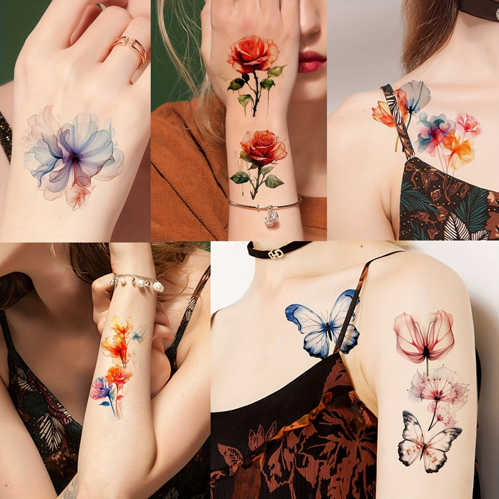 Watercolor Flower Temporary Tattoos for Women 45 Sheets, 12 Large & 33 Small Realistic Floral Fake Tattoo Stickers for Half Arm Sleeve Wrist Shoulder Body Art, Long Lasting Party Supplies Favors Bachelorette Gift