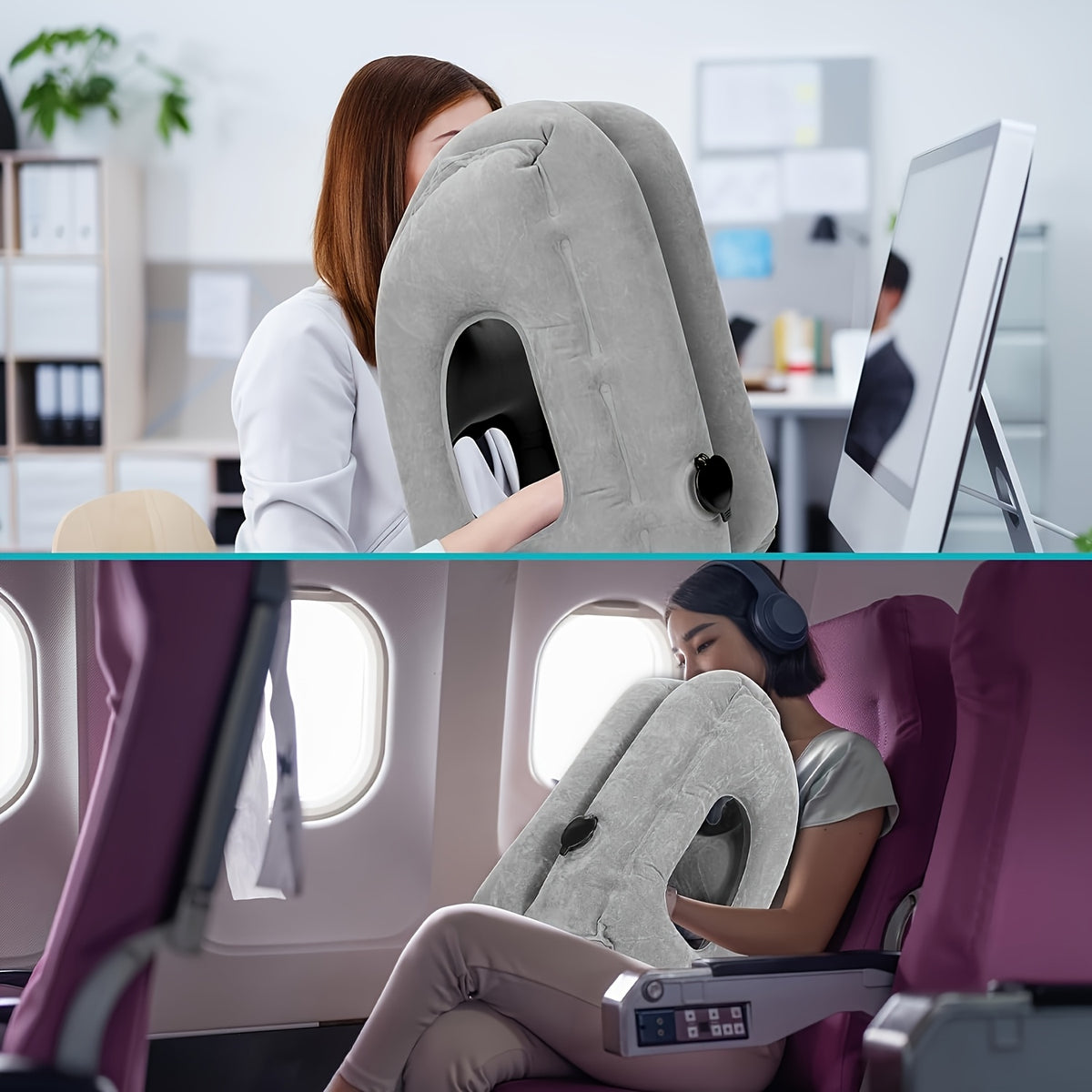 [Inflatable Travel Pillow] 1pc Inflatable Travel Pillow with Patented Valve Design - Adjustable Neck & Head Support, Lightweight & Medium-Firm Ergonomic Air Pillow for Long Haul Flights, Cars, Buses, Trains, Office Napping (Mixed Colors)