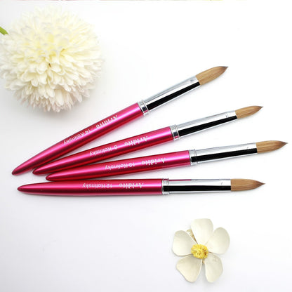 Kolinsky Acrylic Nail Brush Set 100% Pure Kolinsky Hair Flat Shape Sizes #10 #12 #14 – Professional Nail Art Sculpting Extension Brush with Rose Red Handle & Cap for Nail Technicians & Home Use