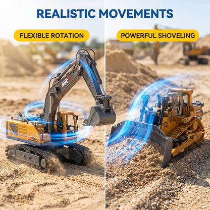 RC Construction Vehicle Set 2.4G 11-Channel Remote Control Excavator Dump Truck Bulldozer | 1:24 & 1:64 Alloy Engineering Toy | 2-in-1, 3-in-1, 4-in-1 Kit for Kids Adults