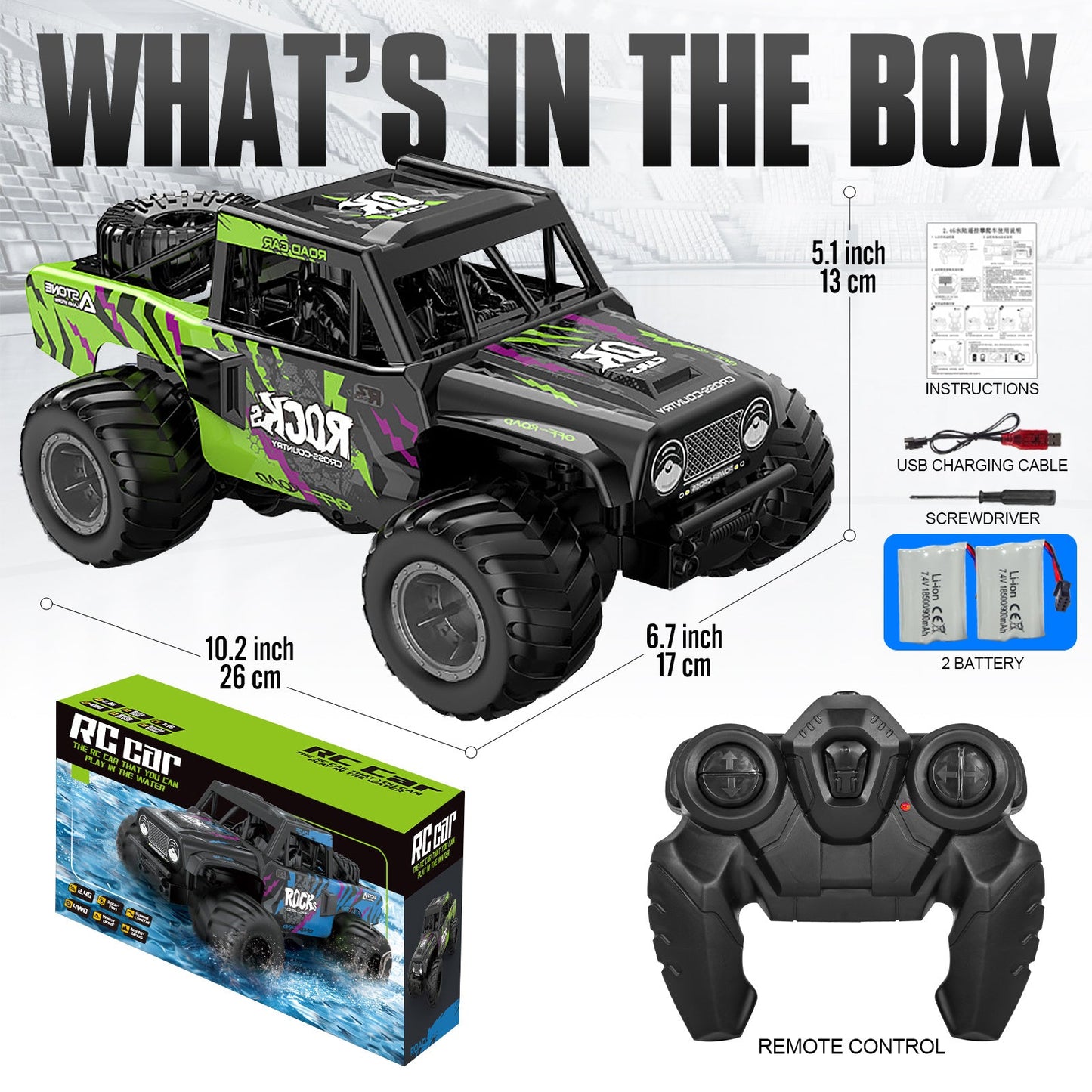 Amphibious RC Car 1:16 Scale 4WD Waterproof Land & Water Remote Control Monster Truck – 2 Rechargeable Batteries, All-Terrain RC Truck for Boys Kids Ages 4+, Birthday Christmas Gift