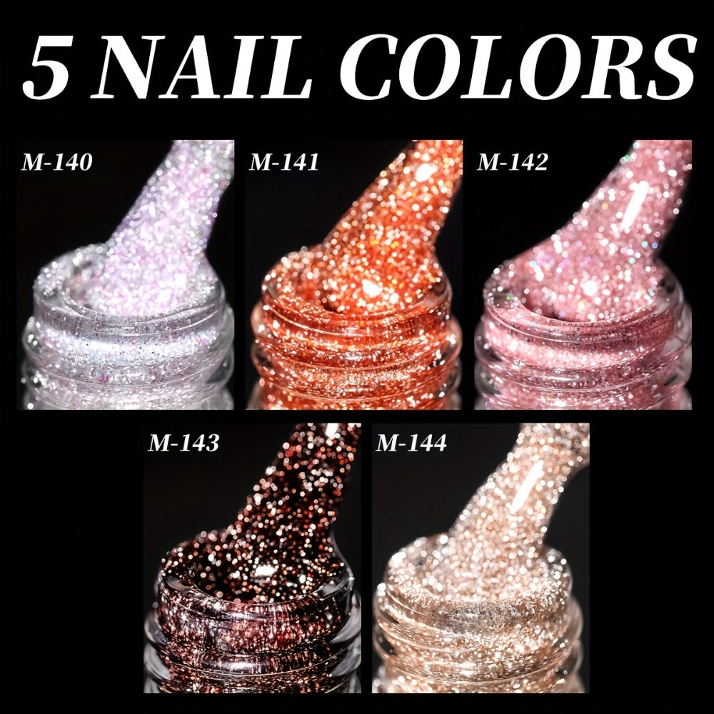 Glitter Gel Nail Polish Set 5 Colors Pastel Sparkling Diamond Shimmer – Soak-Off LED UV Semi-Permanent Gel Varnish Photo Frame Bottle Spring Summer Nail Art Kit for Women Home Salon Manicure Gift
