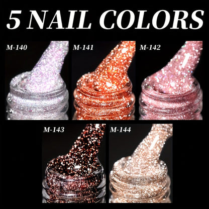 Glitter Gel Nail Polish Set 5 Colors Pastel Sparkling Diamond Shimmer – Soak-Off LED UV Semi-Permanent Gel Varnish Photo Frame Bottle Spring Summer Nail Art Kit for Women Home Salon Manicure Gift