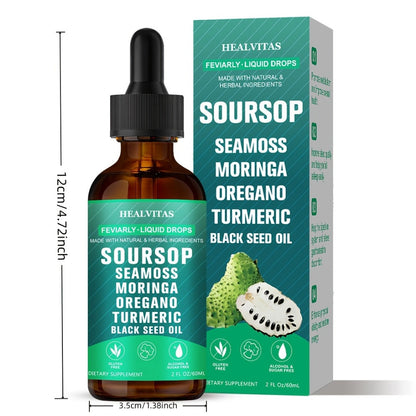 Soursop Bitters Liquid Drops 10-in-1 with Sea Moss Ashwagandha Moringa Turmeric Black Seed Oil — Plant-Based Immune & Energy Herbal Extract | Sugar-Free | 2.03 fl oz