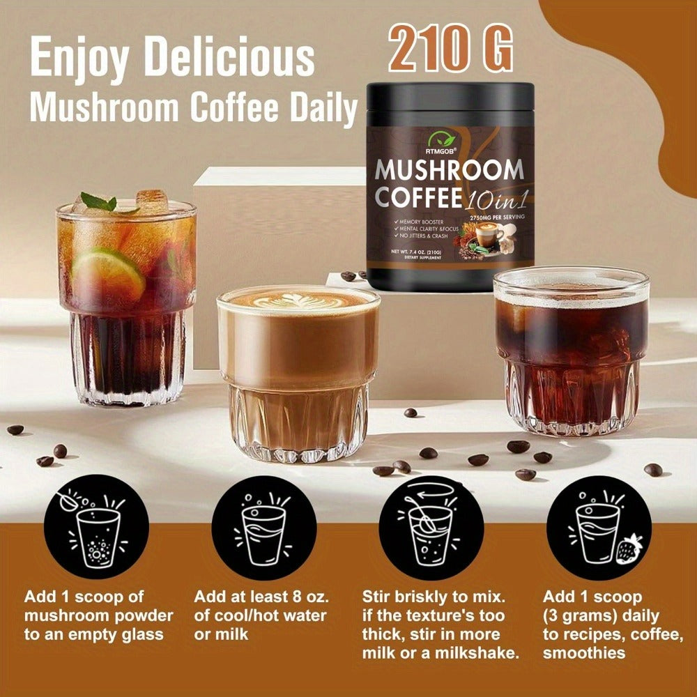 Mushroom Coffee Blend Powder 210g – Instant Coffee with Lion's Mane, Reishi, Cordyceps, Chaga & Chanterelle | 5-Mushroom Functional Coffee for Focus, Energy & Immune Support | Great Wellness Gift