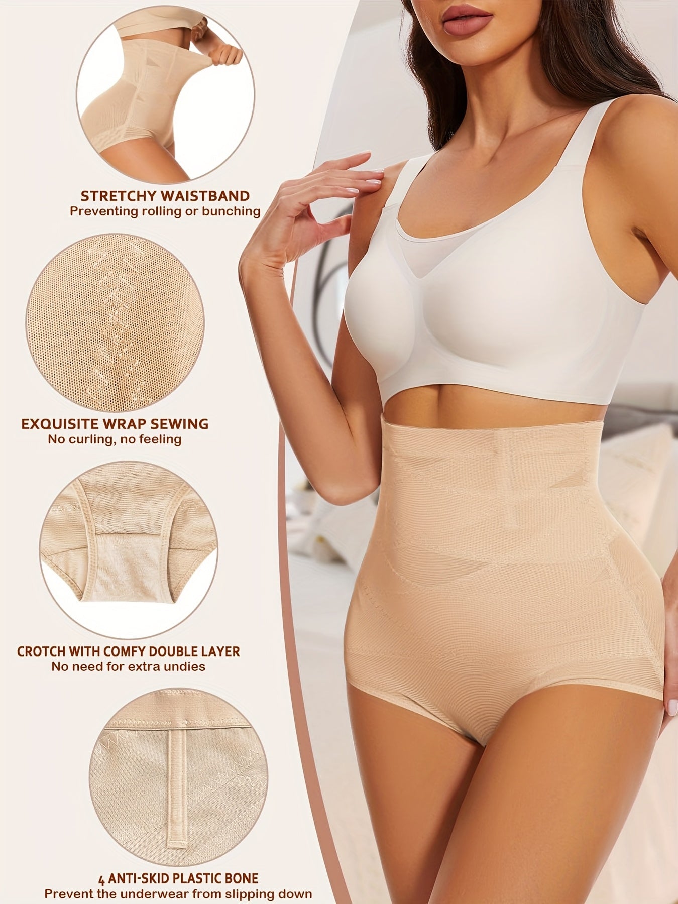 Women's High-Waist Shapewear Briefs - Butt Lift Plus Size Body Smoothing, Apricot