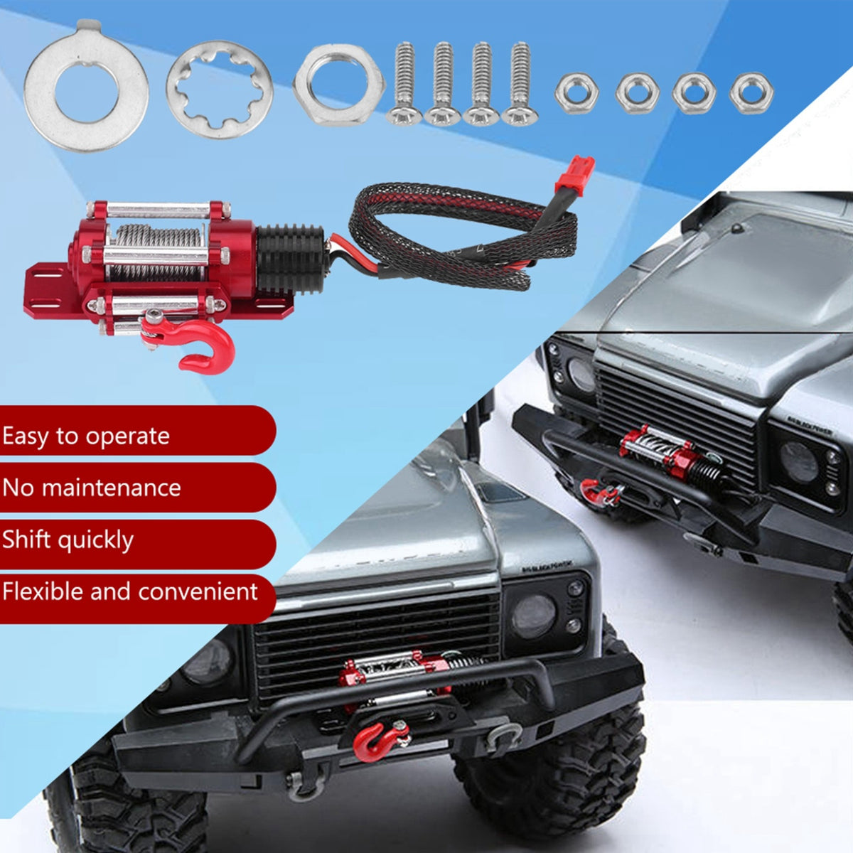 1/10 Car Winch for RC Cars, Wired Steel Winch for RC Cars, Compatible with 1/10 Scale Tracked Vehicles, Suitable for Traxxas/Hsp/Redcat/Tamiya/Axial/Scx10/D90/Hpi 1/10 for rc Crawler Car, Off-Road Recovery Accessory
