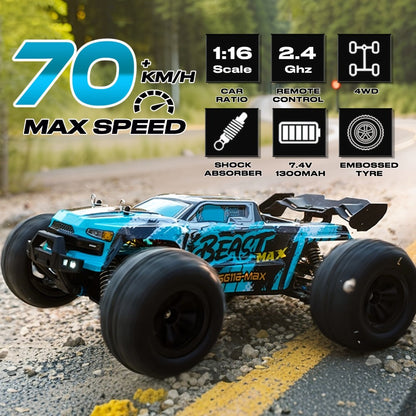 High Speed RC Car 1:16 Scale 4WD 70KM/H Off-Road Drift Racing Vehicle with RC390 Motor, 2.4GHz Remote Control, LED Lights, Head-Up Wheelie, 2 Batteries – All-Terrain Kids & Adult Gift