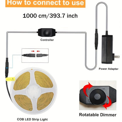 COB LED Strip Light Dimmable 32.8ft 10m, 8mm Ultra-Thin 24V High Density Flexible COB LED Tape Light with Dimmer Switch, for TV Backlight, Bedroom, Kitchen Cabinet, Closet, Under Cabinet Home Lighting