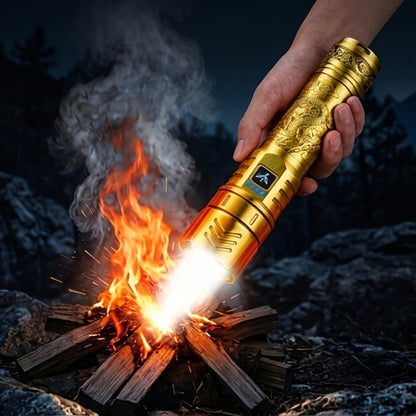 Tactical LED Flashlight 5000mAh Rechargeable Zoomable with Ignition Lens – 4 Modes High Brightness Golden Dragon Pattern Spotlight for Camping Outdoor Hiking Emergency Household Use