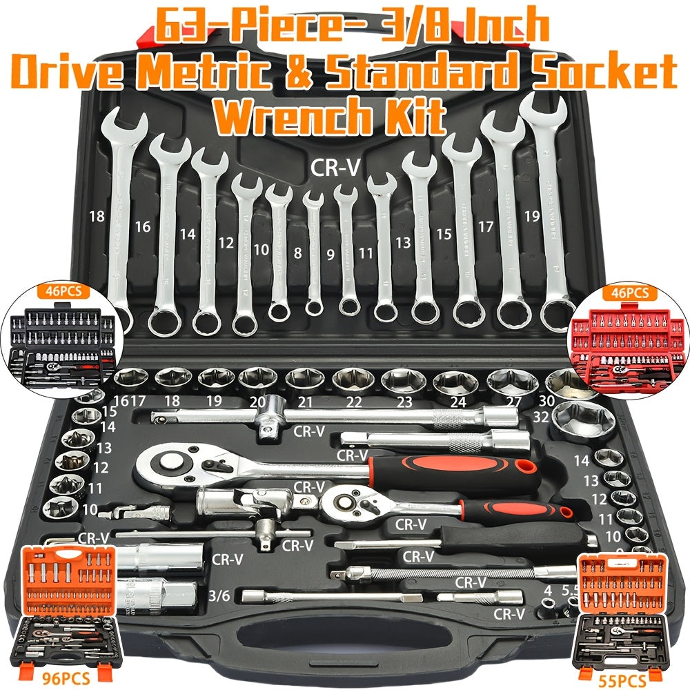 FAXHION 96/55/63/46pcs High-end Professional Tool Sets, Auto/ Bicycle Maintenance Machinery Sets, Racing-class Auto Parts Maintenance Ratchet Wrenches Or Other Auto Maintenance Parts Tool Sets.