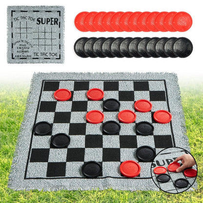 Giant Checkers Game 3-in-1 Set with Tic Tac Toe Reversible Mat 24 Oversized Pieces – Indoor Outdoor Family Board Game for Kids Adults, Lawn BBQ Camping Birthday Gift