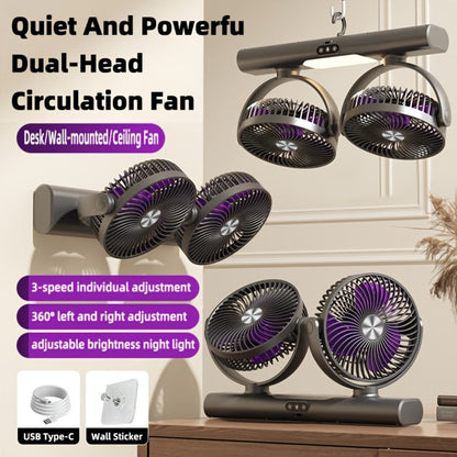 Double Head Air Circulation Fan USB Rechargeable | Desktop & Wall-Mounted 3-Speed Dual-Head Fan with Atmosphere Night Light, Multi-Angle Airflow for Camping, Home & Office – Grey & White