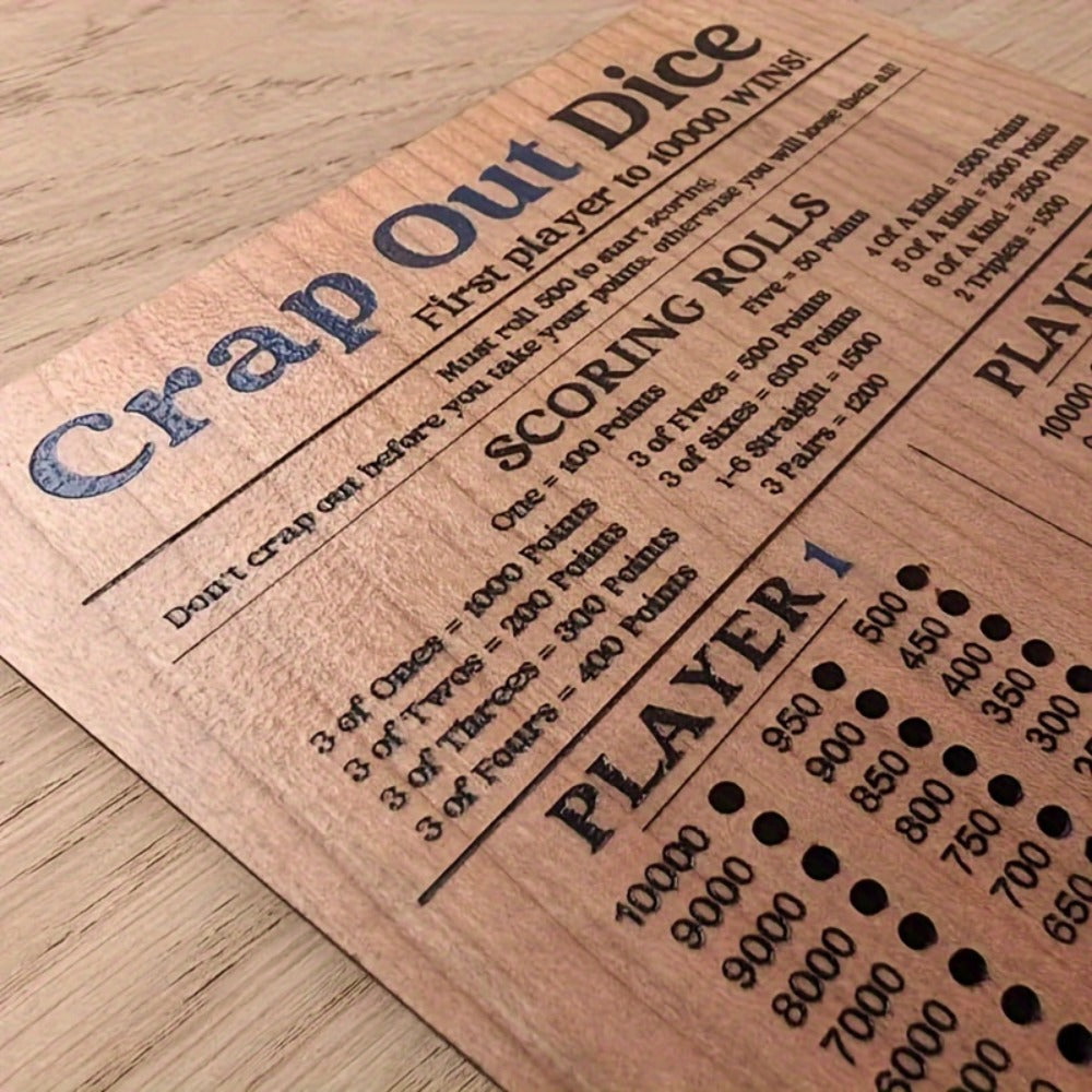 Crap Out Dice Score Board Game 2pcs – 10 Inch Wooden Dice Scoreboard with 6 Dice & 12 Scoring Pegs, Fun Family Dice Game for 1-4 Players, Party Game Night & Gatherings