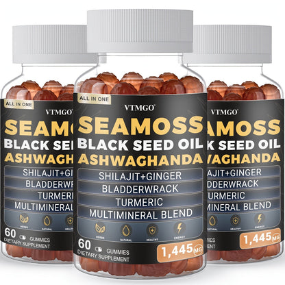 Sea Moss Gummies 1445mg with Shilajit Black Seed Oil Ashwagandha Elderberry Chlorophyll Turmeric Bladderwrack Ginger — 8-in-1 Antioxidant Superfood Supplement for Immunity Energy Gut Health & Wellness 60 Count
