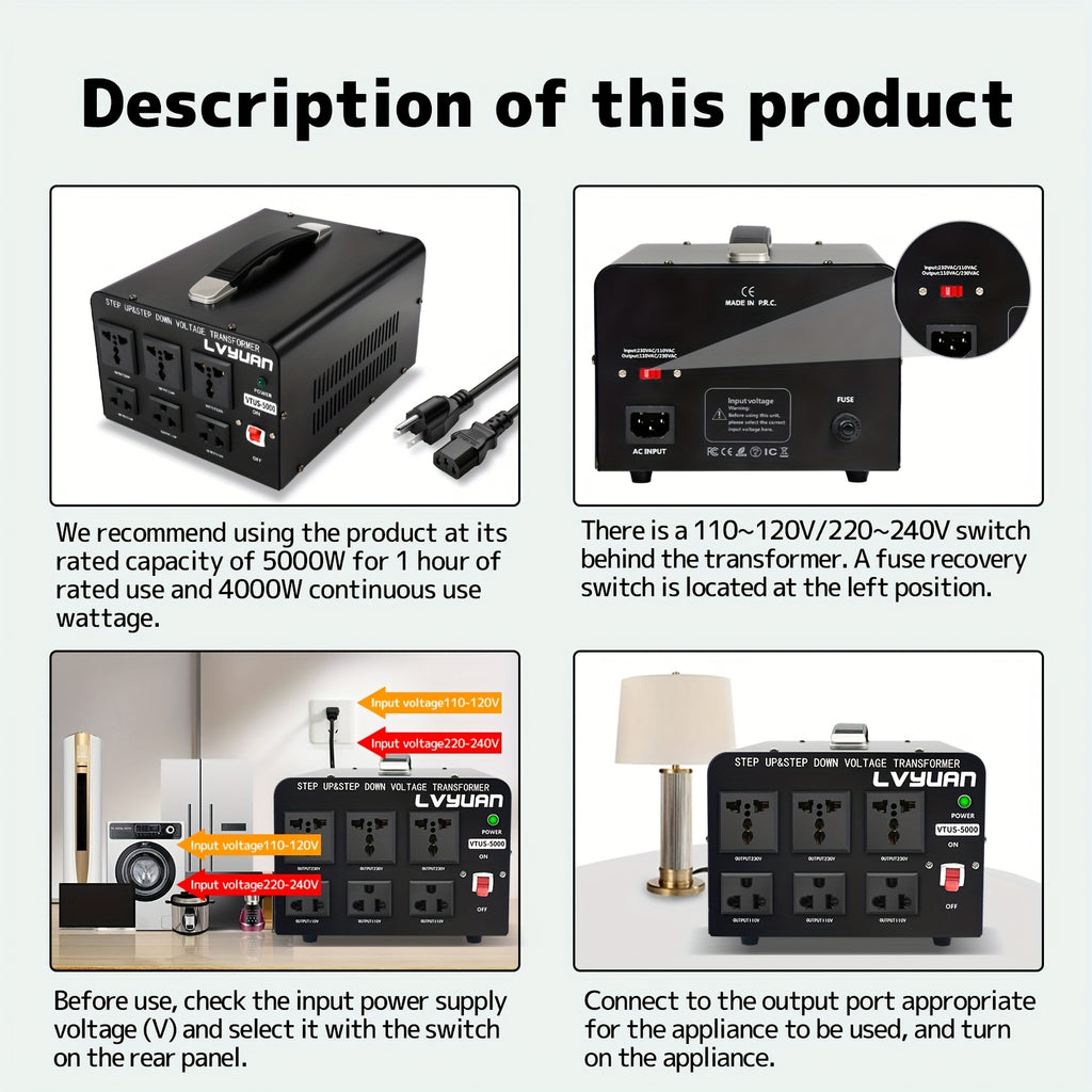 Boost/Buck, 3000VA/5000VA Peak Voltage Converter, 110V And 220V Voltage Converter With US Outlet, Universal Outlet, Circuit Breaker (needs To Be Connected To Electricity For Use), Without Battery