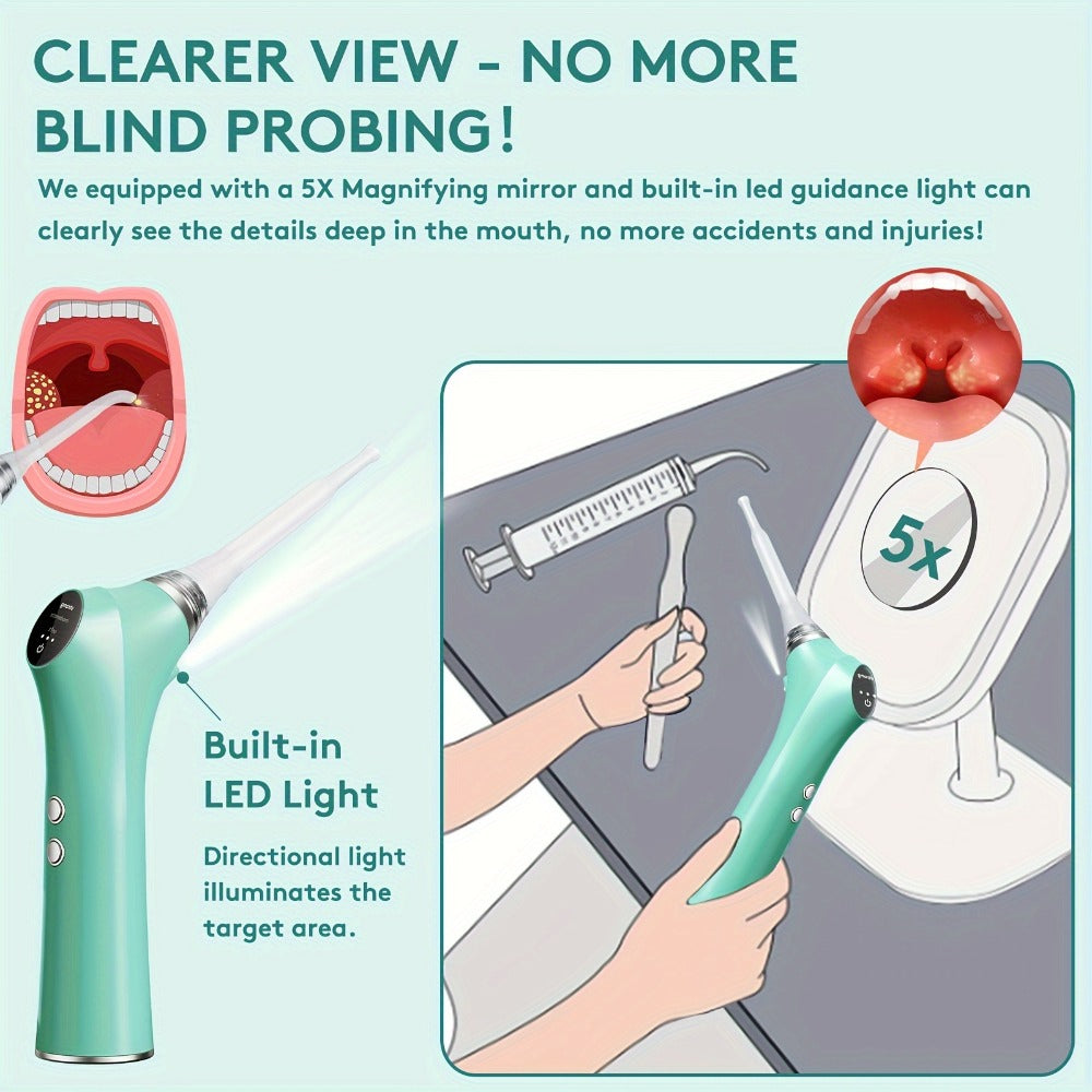 Tonsil Stone Remover Electric Vacuum Kit with LED Light – 3 Suction Modes 5X Magnifying Mirror Oral Irrigator Safe Gentle Tonsillolith Removal Tool for Adults at Home Use Rechargeable Portable