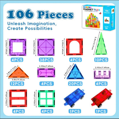 Magnetic Tiles for Kids 80/106/136pcs with 2 Cars – STEM Magnetic Building Blocks Construction Toy Set, Crystal Clear ABS, Sensory Learning Toy for Boys Girls Ages 3 4 5 6 7 8 9+, Birthday Christmas Gift