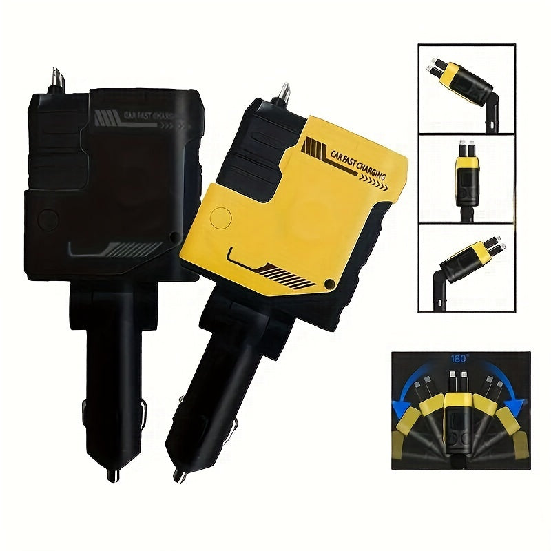 Mech Style Super Fast Car Charger, 4 In 1 Retractable Car Phone Charger 120W, Retractable Cables For Iphone And USB Car Charger, Compatible With for iphone 14/13/12/11, Galaxy, Pixel - For Ios And Android(Gift Magnetic Holders Included)
