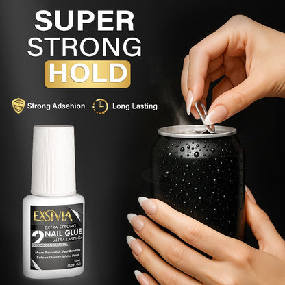 Extra Strong Brush On Nail Glue 10ml Exsivia - Quick Dry Waterproof Long Lasting Bond for Press On Nails Acrylic Fake Nail Tips - No Dehydrator or Primer Needed Salon Quality Nail Adhesive for Women