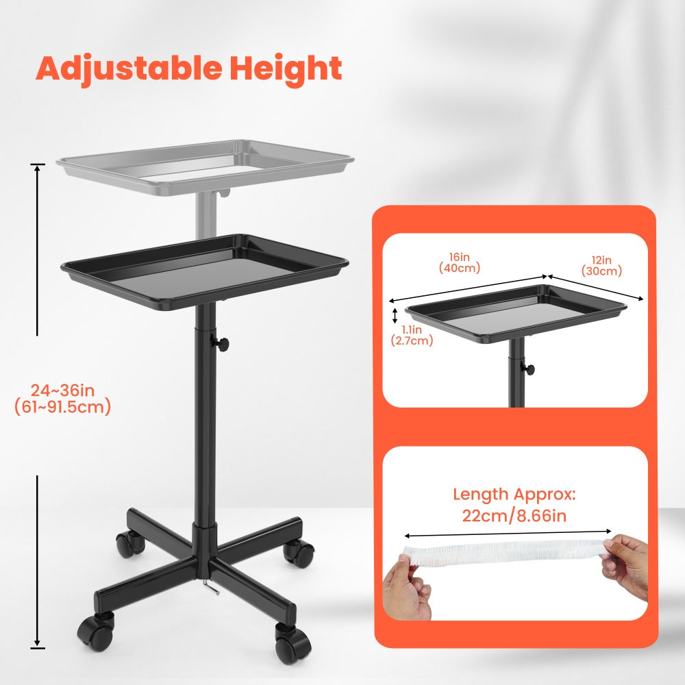 Rolling Salon Tray Cart with 10 Disposable Covers & Adjustable Height – Black Dirt-Proof Mobile Utility Trolley for Tattoo Artist, Spa, Esthetician & Hairstylist