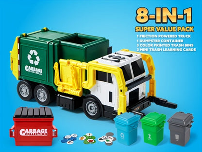 Garbage Truck Toy Set 16-Inch Large Friction-Powered with Lights & Sounds, Color-Coded Trash Bins, Garbage Sorting Learning Cards – Educational Gift for Boys & Girls Ages 3+