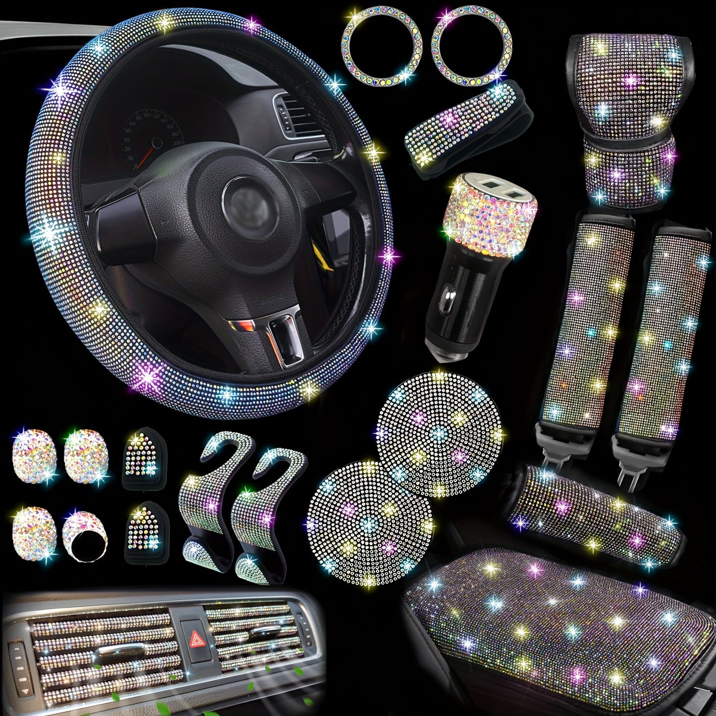 30pcs Bling Car Additions Set for Women, Steering Wheel Covers Universal Fit 15 Inch, Seat Belt Covers, Armrest Cover, Gear Shift Covers