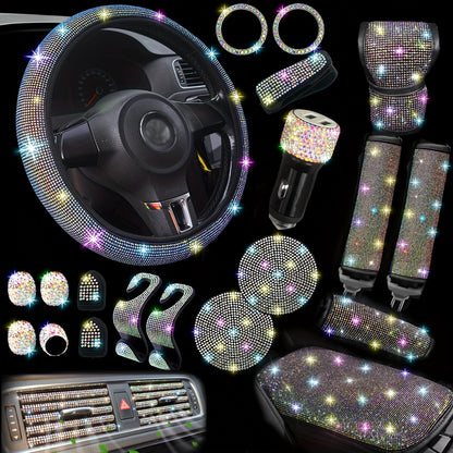 30pcs Bling Car Additions Set for Women, Steering Wheel Covers Universal Fit 15 Inch, Seat Belt Covers, Armrest Cover, Gear Shift Covers