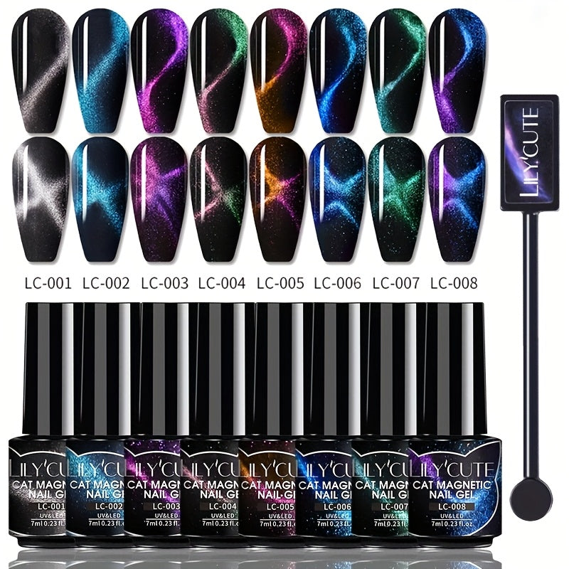 Cat Eye Gel Nail Polish Magnetic 8pcs Aurora Glitter Black Crystal Semi-Permanent — 3D Light-Shifting Nail Art Gel No Base Color Required 0.24oz LED UV Salon Home Manicure