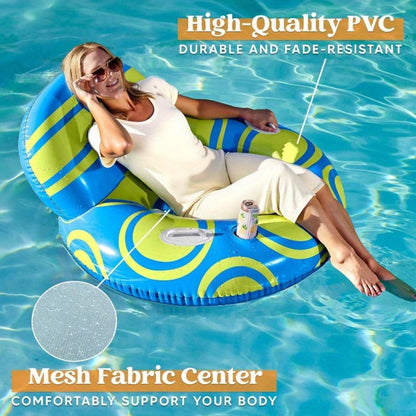 Inflatable Pool Float Sofa Chair with Backrest – Blow Up Floating Lounge Seat with Mesh Bottom, Cup Holder & Dual Handles for Adults Teens, Blue Yellow Pool Raft