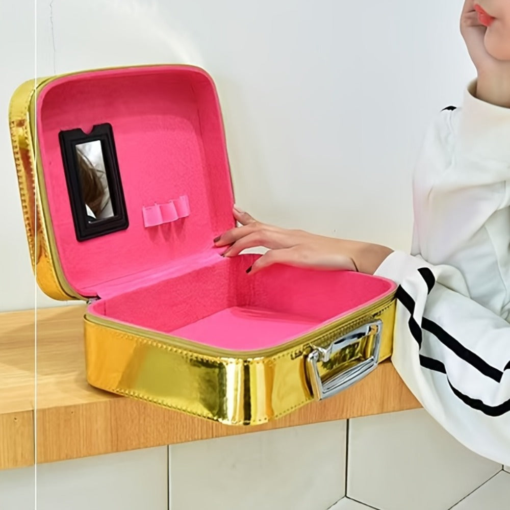 Glitter Makeup Travel Case Hard Shell Large Capacity Flat Lay Organizer Luxury Cosmetic Storage Box for Women Portable Fits in Suitcase Gold Rose Red Pink Size L Beauty Gift